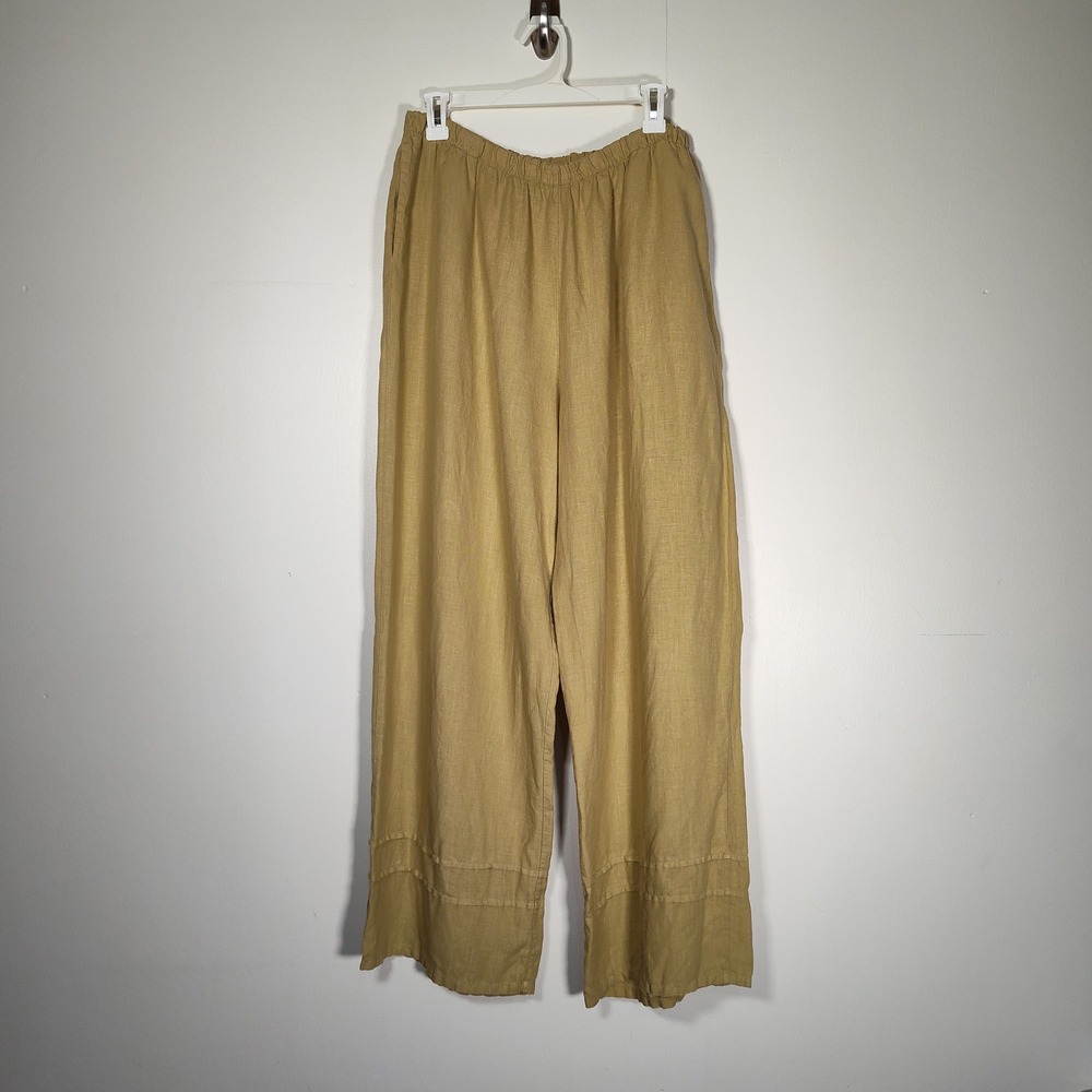 Bryn Walker Tan Linen Wide Leg Pants XL Elastic Waist Pintuck Hem Lagenlook